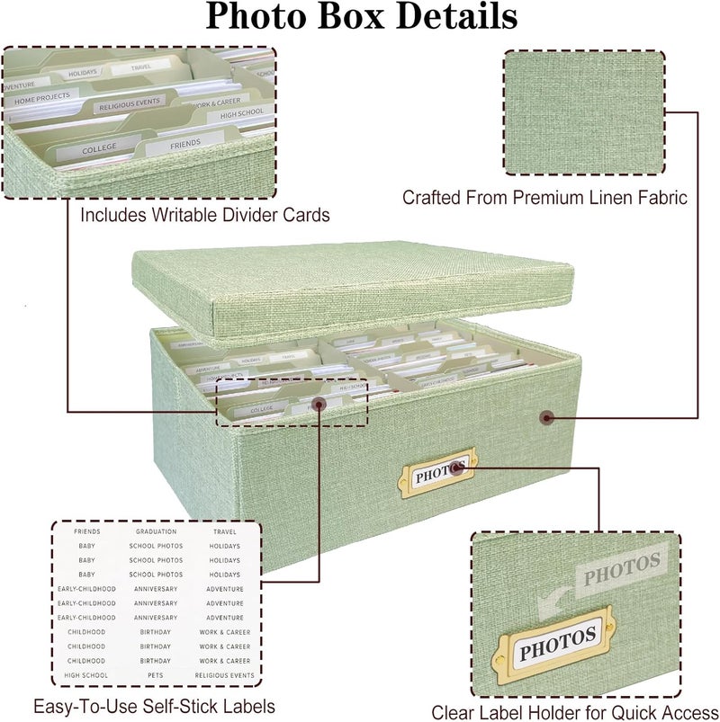 Sprsthai Linen Photo Storage Box – Holds 1700 Photos, 24 Adjustable Dividers & 72 Labels Multi-Use Organizer for Photos, Envelopes, Recipes Beige - Image 4